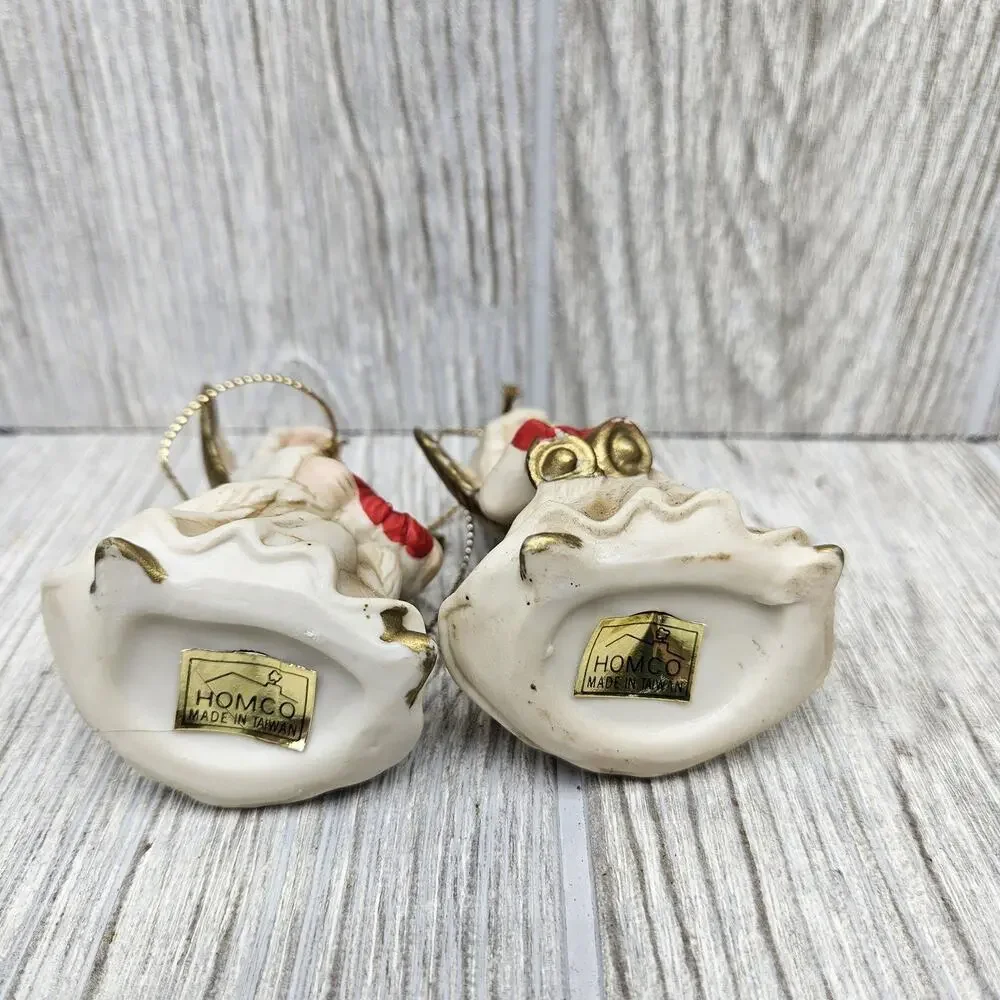 Vintage Homco Angel Christmas Ornaments Set of 2 Figurines Gold Wings Taiwan VTG